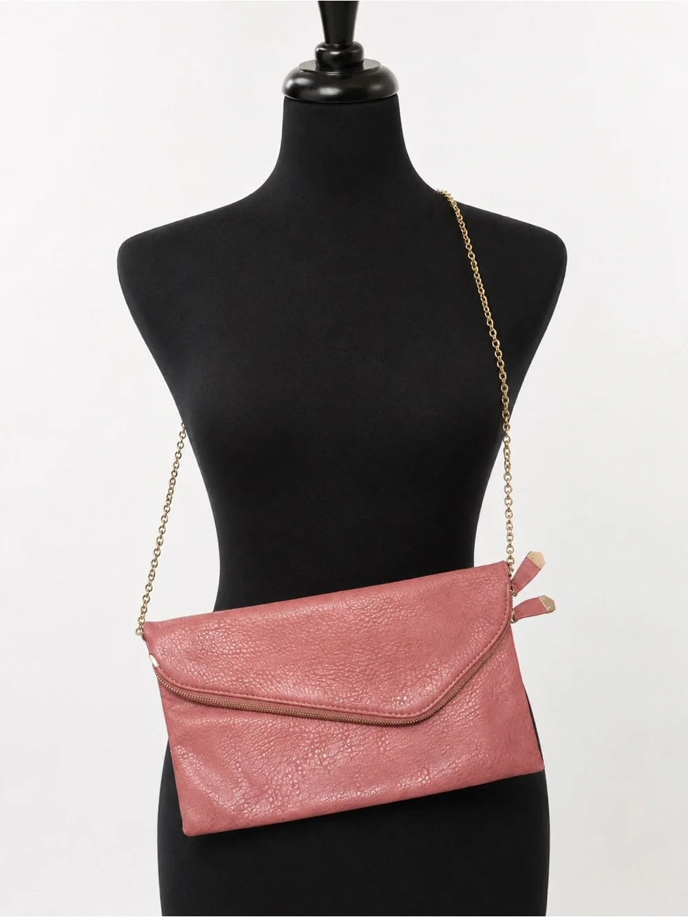 Women's Rose Pink Envelope Crossbody Bag with Gold Chain